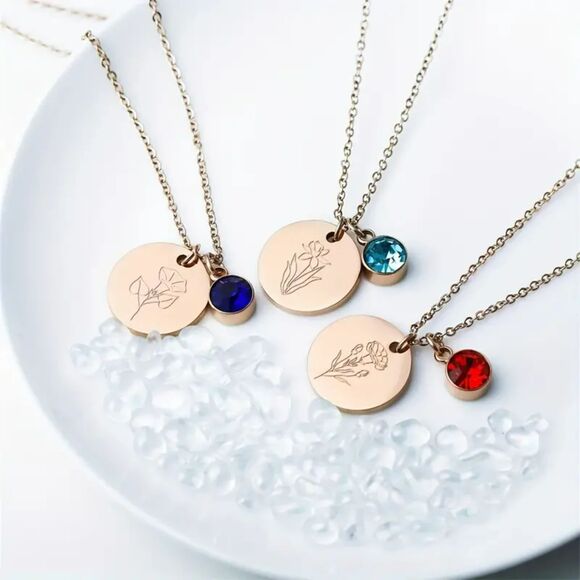 "January" Birth Flower & Glass Gem Sparkle Pendant Necklace - Picture 2 of 5